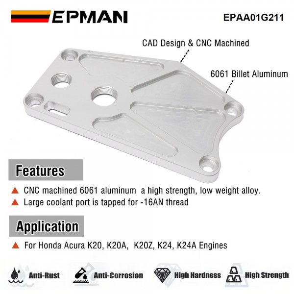 EPMAN Billet Aluminum K-series Water Pump Block Off Plate /-10 Breather Port For Honda Acura K20 K24 Engines EPAA01G211 EPMAN Billet Aluminum K-series Water Pump Block Off Plate /-10 Breather Port For Honda Acura K20 K24 Engines EPAA01G211