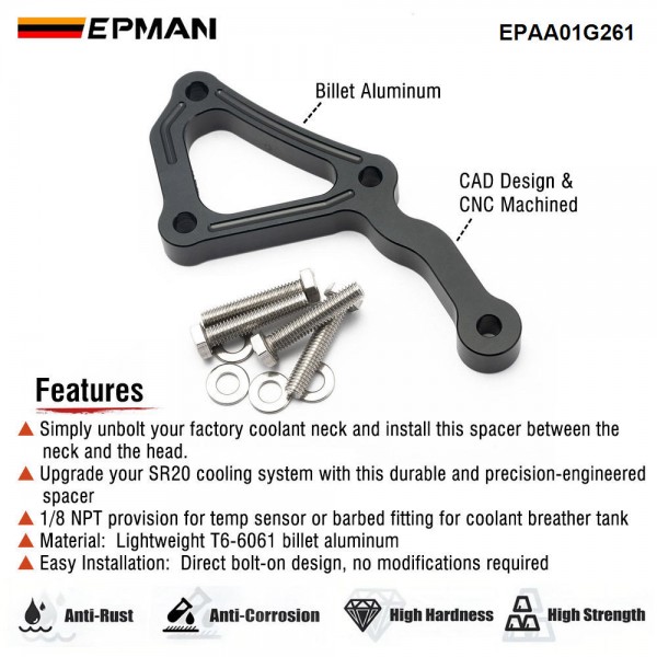 EPMAN Billet Aluminum Coolant Temp Sensor Spacer For Nissan 240SX S13 S14 S15 SR20DET Direct Bolt-On, 1/8 NPT Fitting EPAA01G261