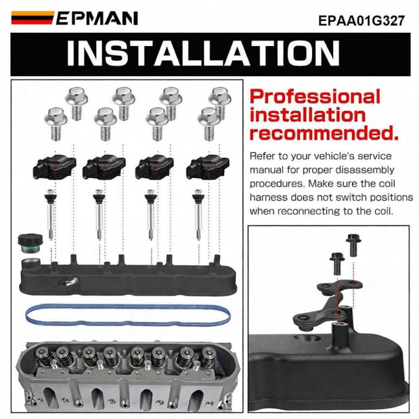 EPMAN Tall Billet-style Aluminum Valve Covers w/ Coil Mounts - Direct Fit for LS1 LS2 LS3 LS6 LS7 V8 Engines EPAA01G327