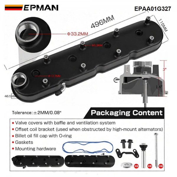 EPMAN Tall Billet-style Aluminum Valve Covers w/ Coil Mounts - Direct Fit for LS1 LS2 LS3 LS6 LS7 V8 Engines EPAA01G327