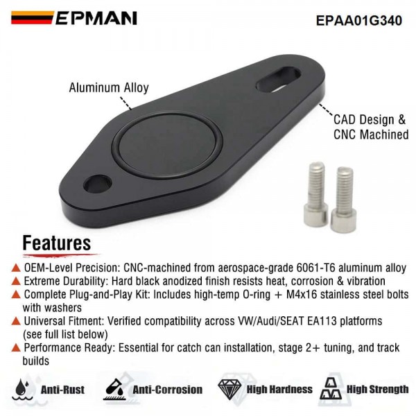 EPMAN EA113 Engine Rear Breather Delete Plate Compatible with VW Golf Passat Audi A3 TT Seat Leon - 6061 Aluminum Block Off Plate for Oil Catch Can System EPAA01G340