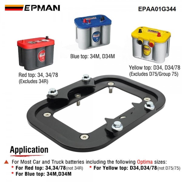 EPMAN Battery Tray Aluminum CNC Machined For Optima AGM Group 34 34M D34 D34M for Red Top Blue Top Yellow Top | 6061-T6 Aerospace Grade | Racing Off-Road Marine EPAA01G344