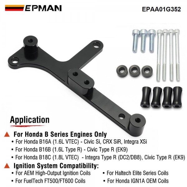 EPMAN CNC Billet Coil Bracket Kit For Honda B16 B18 VTEC IGN1A Engines Black Anodized Aluminum EPAA01G352