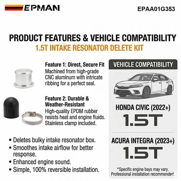 EPMAN Sport 1.5T Resonator Delete Kit For Honda Civic 2022+ For Acura Integra 2023+ Billet Aluminum Intercooler Charge Pipe EPAA01G353