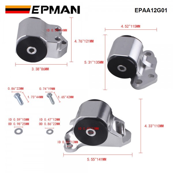 EPMAN Billet Aluminum Engine Mounts Del Sol Civic 92-95 Integra 94-01 EG DC2 3-Bolt DC EPAA12G01