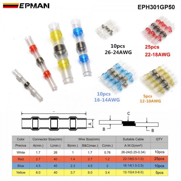 EPMAN 50Pcs Waterproof Heat Shrink Seal Splice Connector Terminal Solder Sleeve Wire Connectors 26-10 AWG Insulated Shrinkabl EPH301GP50