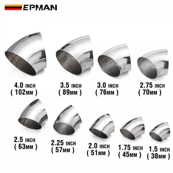 EPMAN Stainless Steel 1.5", 1.75", 2", 2.25", 2.5", 2.75", 3", 3.5", 4" Weldable 45° Elbows for Car Modified Exhaust Elbow Pipe, Exhaust Downpipe Cutout Stair Handrail etc.