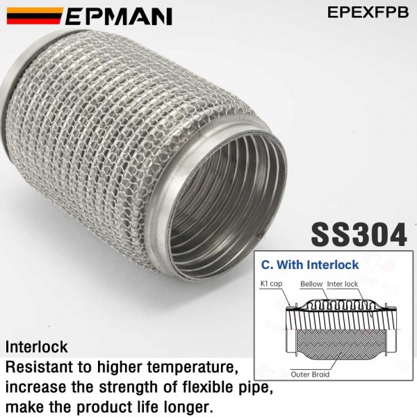 EPMAN Car Exhaust Flexible Pipe Stainless Steel 304 Exhaust Flex Connector Pipes Bellows Universal for Car Durable