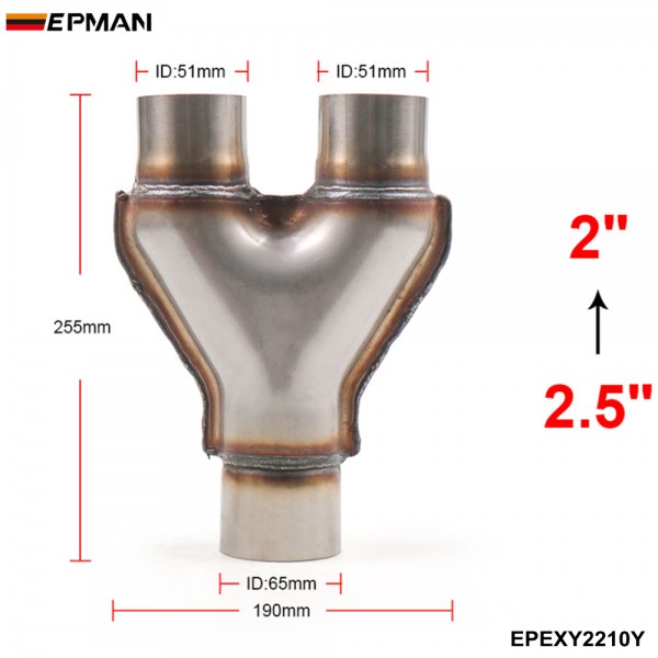EPMAN Universal Y-Pipe Exhaust Pipe Tip Dual 2.25"/2.5"/3" Inlet / Outlet Stainless Steel 10PCS/Carton EPEXY2210Y EPMAN Universal Y-Pipe Exhaust Pipe Tip Dual 2.25"/2.5"/3" Inlet / Outlet Stainless Steel 10PCS/Carton EPEXY2210Y