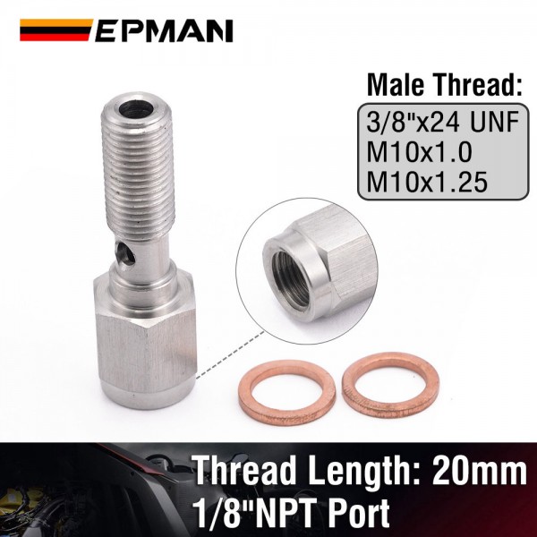 EPMAN 3/8"x24 UNF / M10 x 1.25 / M10 x 1.0 Stainless Steel 20mm Banjo Bolt + 1/8" NPT Brake Light Switch Port Hose Fitting Adaptor EPMAN 3/8"x24 UNF / M10 x 1.25 / M10 x 1.0 Stainless Steel 20mm Banjo Bolt + 1/8" NPT Brake Light Switch Port Hose Fitting Adaptor