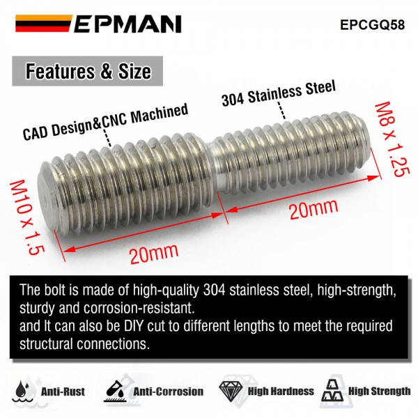 EPMAN Male Machine Screw Thread Adapter M8 To M10 304 Stainless Steel Reduction Threaded Bolts EPCGQ58 EPMAN Male Machine Screw Thread Adapter M8 To M10 304 Stainless Steel Reduction Threaded Bolts EPCGQ58
