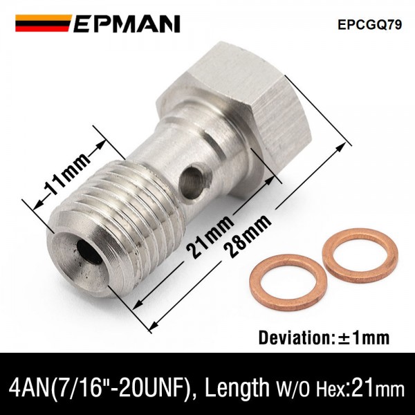 EPMAN Performance Banjo Bolt Single Stainless Steel 7/16" x 20 UNF, -4 AN JIC / -3 AN / M10 / M12 Turbo Brake Line Universal