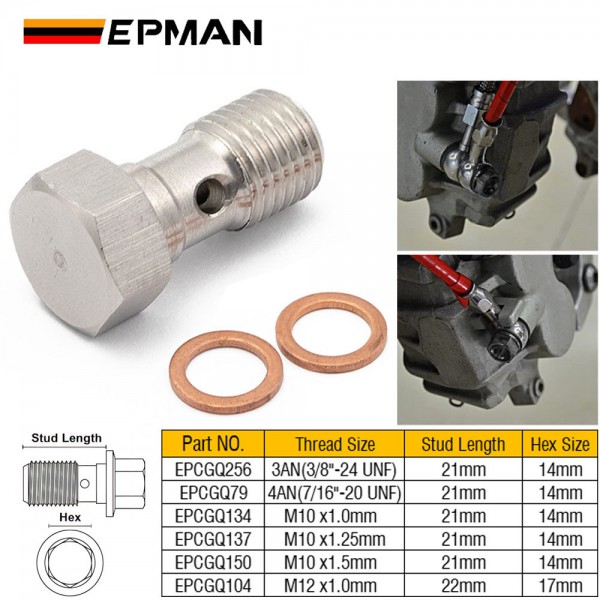EPMAN Performance Banjo Bolt Single Stainless Steel 7/16" x 20 UNF, -4 AN JIC / -3 AN / M10 / M12 Turbo Brake Line Universal