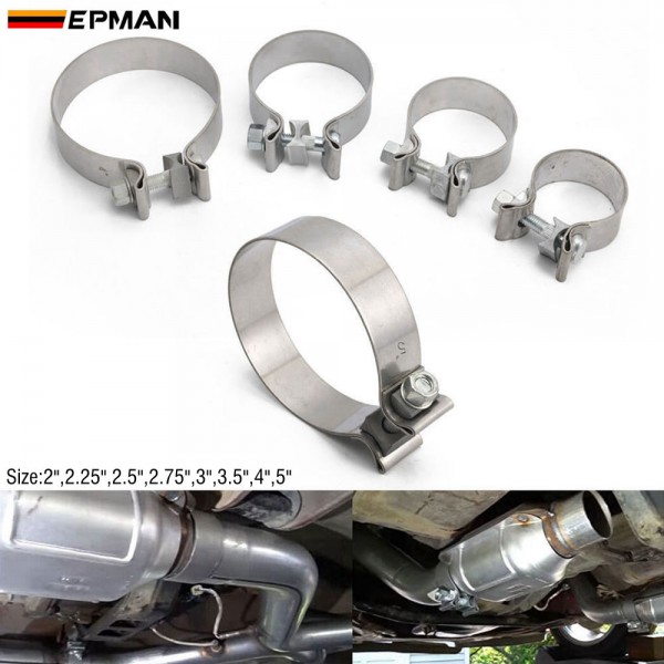EPMAN Universal 2" 2.25" 2.5" 2.75" 3" 3.5" 4" 5" Inch High Strength Butt Joint Stainless Steel Exhaust Clamp Band Kit Auto Turbo Pipe Clips TKPPKG