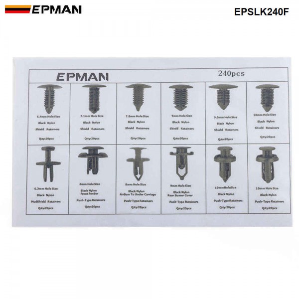 EPMAN 240 PCS Plastic Rivets Fastener Fender Bumper Push Pin Clips Free Remover Tool EPSLK240F