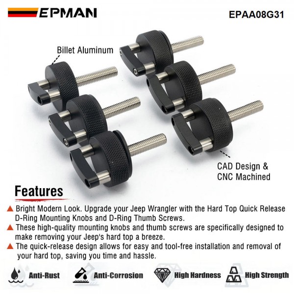 EPMAN Hard Top Quick Removal D-Ring Thumb Screws Billet Aluminum For Jeep Wrangler JK & JL 2007-2024 EPAA08G31 EPMAN Hard Top Quick Removal D-Ring Thumb Screws Billet Aluminum For Jeep Wrangler JK & JL 2007-2024 EPAA08G31