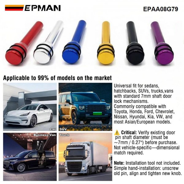 EPMAN Universal Car Door Lock Knob Aluminum Alloy 7mm Shaft Set of 4 Replacement Handle for Sedan SUV Truck Van Interior Door Lock Mechanism EPAA08G79