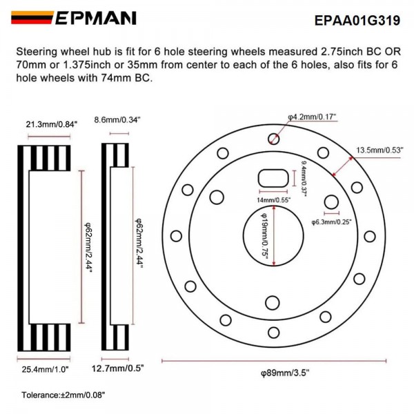 EPMAN 1 Inch / 0.5 Inch Extension for 6 Hole Steering Wheels to 3 Hole Hub Adapter Boss Kit Spacer EPAA01G319