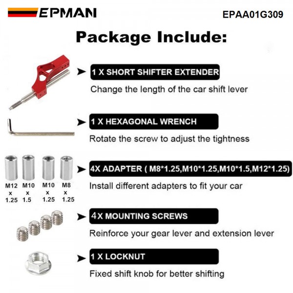 EPMAN Universal Aluminium Adjustable Gear Shift Knob Extender Height Lever Extension Car Gear Shifter Extender With Adapters EPAA01G309 EPMAN Universal Aluminium Adjustable Gear Shift Knob Extender Height Lever Extension Car Gear Shifter Extender With Adapters EPAA01G309