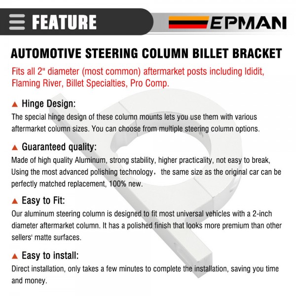 EPMAN Aluminum Universal Steering Column Mount Polished Keyed No Drop Mount for Aftermarket Columns Ididit Flaming River EPAA01G177