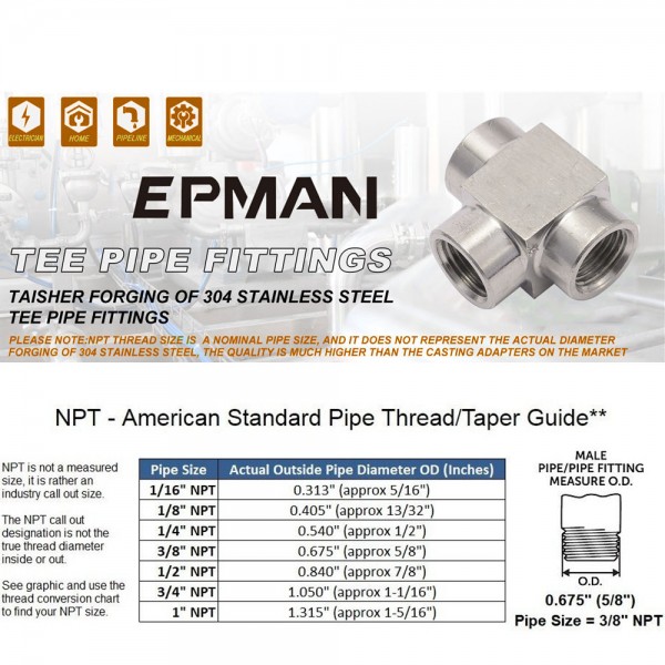 EPMAN 1/8 NPT Female Pipe T Tee Fitting 3 Way SS304 Fitting For Fluid Transfer, Vacuum Line, Fuel Pump, Oil Cooler etc. EPCGQ235 EPMAN 1/8 NPT Female Pipe T Tee Fitting 3 Way SS304 Fitting For Fluid Transfer, Vacuum Line, Fuel Pump, Oil Cooler etc. EPCGQ235