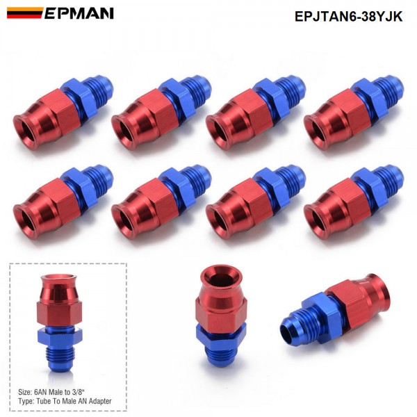 EPMAN 10PCS 6AN Male To 3/8" Tubing Adapter Fuel Hardline Tube Fitting Connector Aluminum Blue&Red Anodized EPJTAN6-38YJK