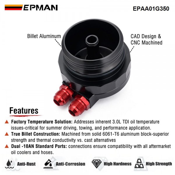 EPMAN 3.0L TDI Oil Cooler Flange Billet Aluminum Oil Filter Cover for Connection to the Engine Block EPAA01G350