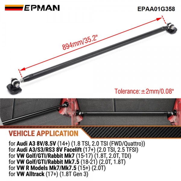 EPMAN Aluminum Adjustable Rear Strut Chassis Brace for VW MK7 Golf GTI R Audi A3 8V S3 RS3 EPAA01G358