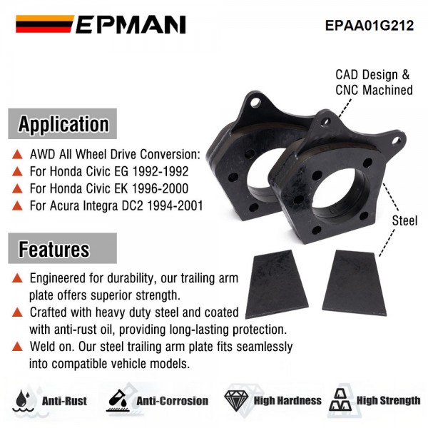 EPMAN AWD Steel Trailing Arm Steel Plates For Honda Acura Civic EG EK Integra DC2 4 X 100 B, K, H, F, and J Series Engine EPAA01G212 EPMAN AWD Steel Trailing Arm Steel Plates For Honda Acura Civic EG EK Integra DC2 4 X 100 B, K, H, F, and J Series Engine EPAA01G212