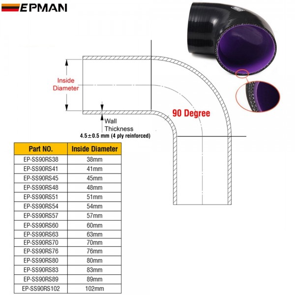 EPMAN 90 Degree Elbow Silicone Hose Pipe Turbo Intake 38mm 41mm 45mm 48mm 51mm 54mm 57mm 60mm 63mm 70mm 76mm 80mm 83mm 89mm 102mm EP-SS90RS